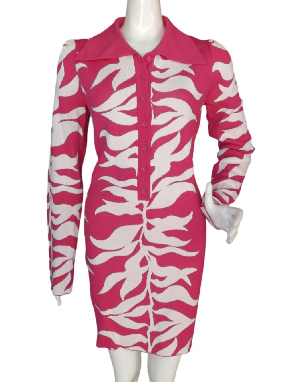 new HANIFA Mini Dress, 1X, Tight Knit, Pink/White, Collar/7 buttons, Long sleeve